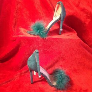 Crystal Queen Kelly Green Suede Open Toe Feather Ankle Strap Heels Size 40